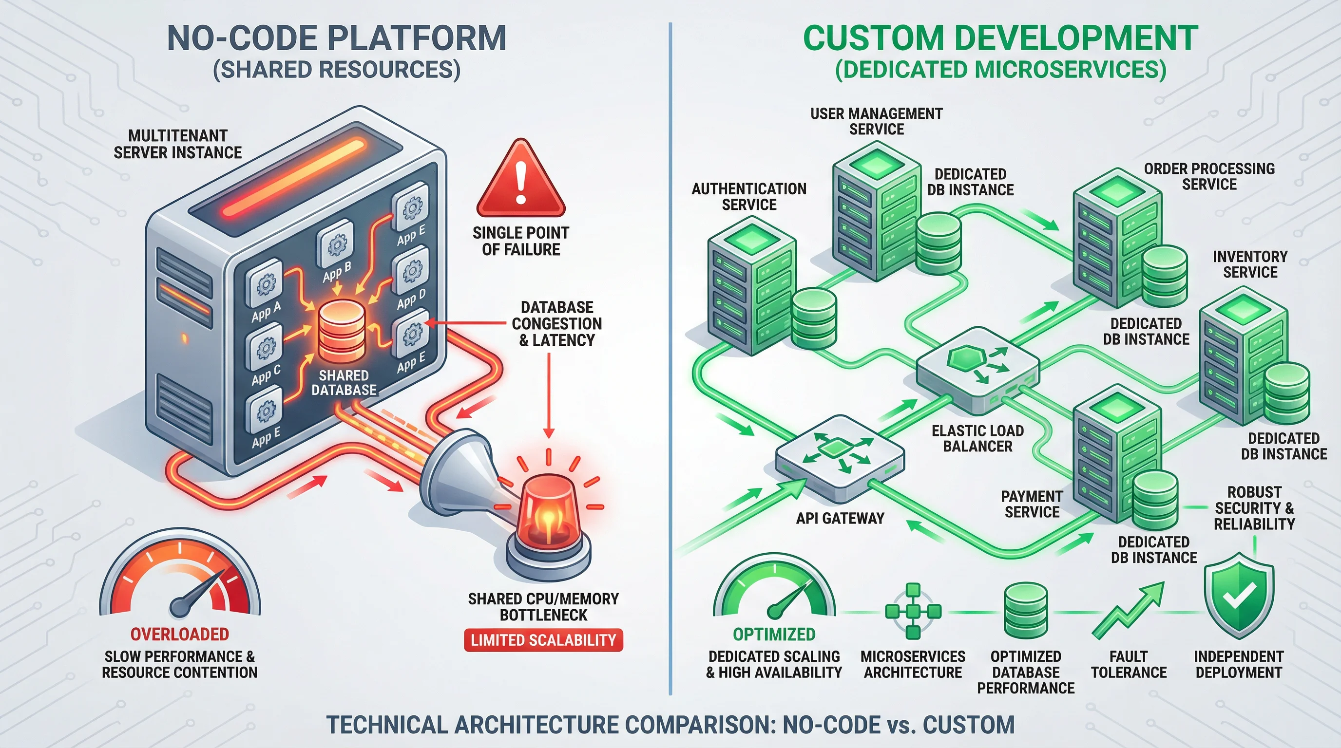 No-Code vs Custom Development Architecture Comparison